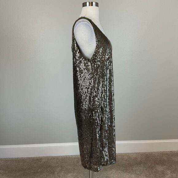 Ralph Lauren Sequined Sparkly Mini Shift Cocktail Dress Size 14 Bronzed Green - Picture 4 of 13